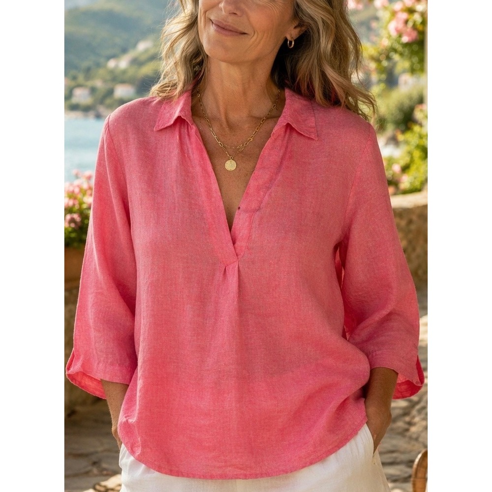 Anne Klein Women's Pink Pullover Top XL Collared Split Neck Linen Shirt